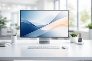 Pantalla de ordenador en oficina mostrando un diseño web B2B optimizado para conversión.