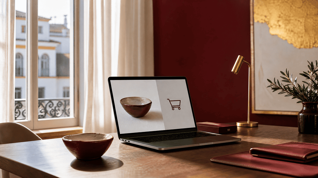 Diseño de tienda online en Sevilla - portátil con eCommerce artesanal en oficina